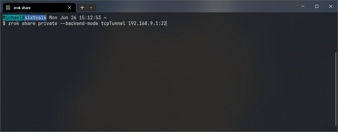 zrok share command for creating a TCP tunnel.