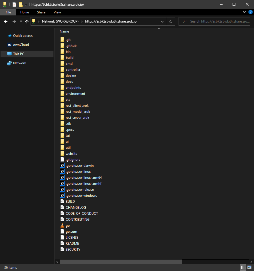 A Windows Explorer window showing a mounted zrok drive.