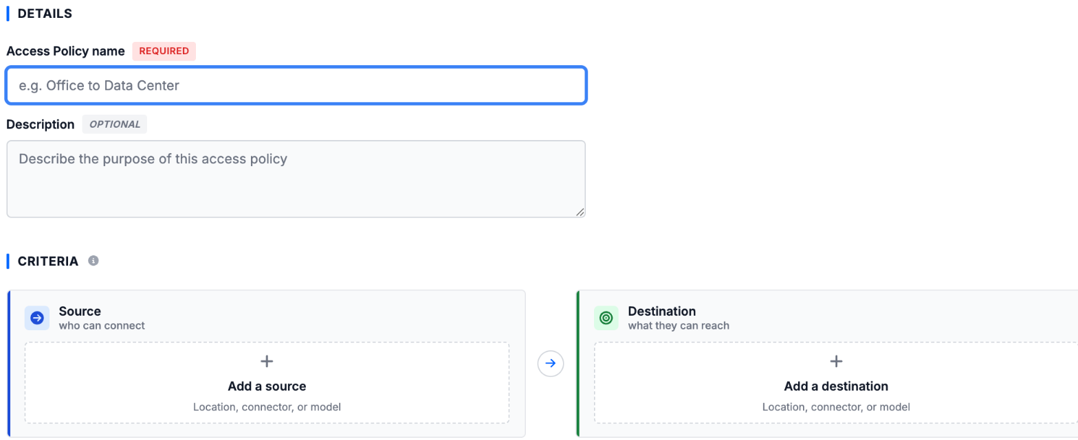 The New Access Policy builder showing the Details section (Access Policy name and Description) above the Criteria section, with a Source side and a Destination side each offering an Add button