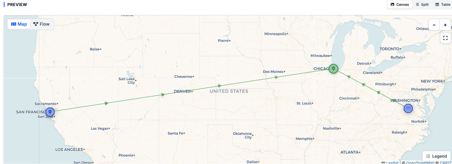 The access policy Preview in Map view, showing the policy's locations on a geographic map with connecting lines, and the Map/Flow and Canvas/Split/Table toggles
