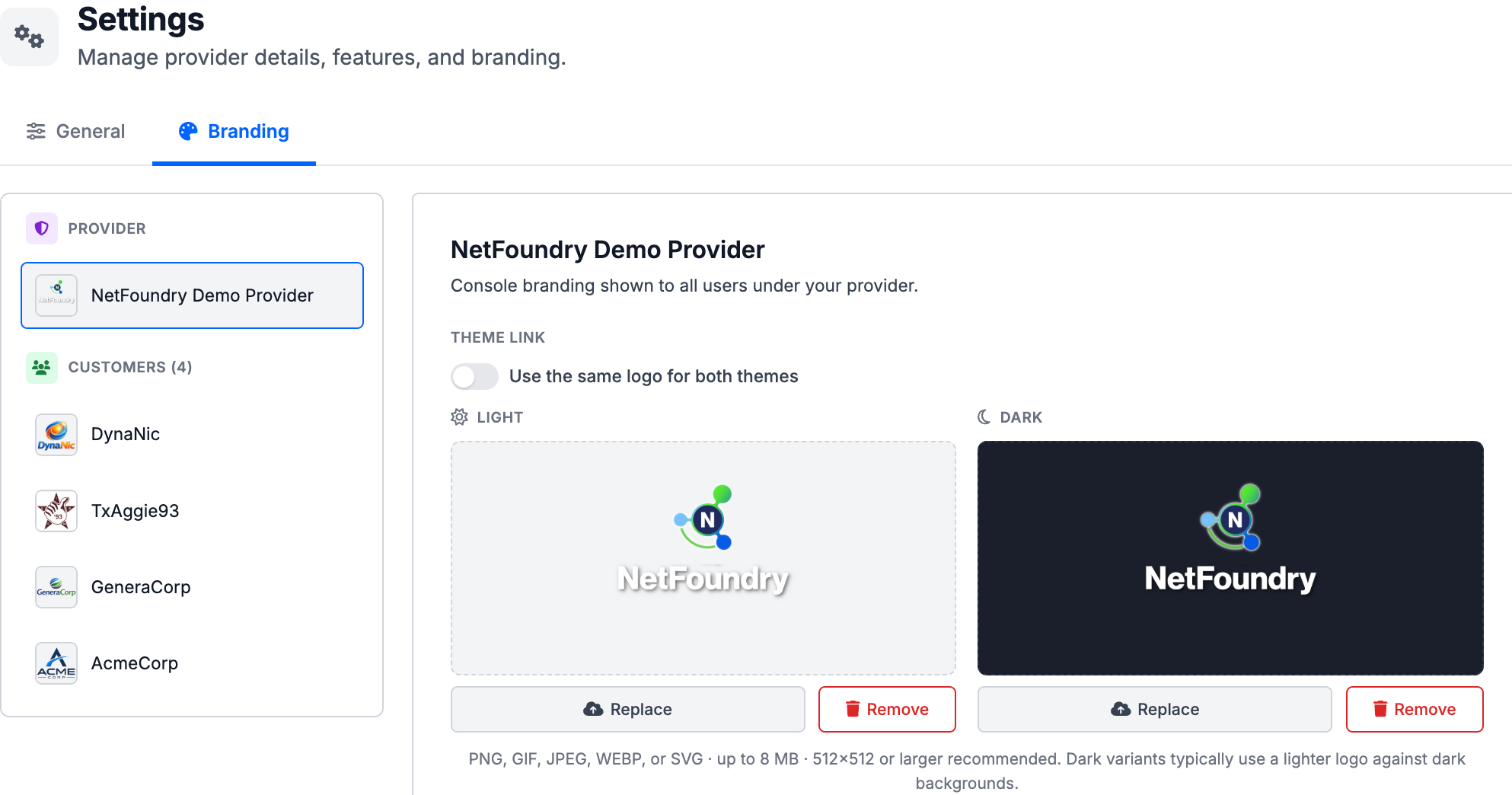 The Settings Branding tab: a left-hand list with the provider at the top and customers below, and a right panel with light and dark logo previews for the selected entry