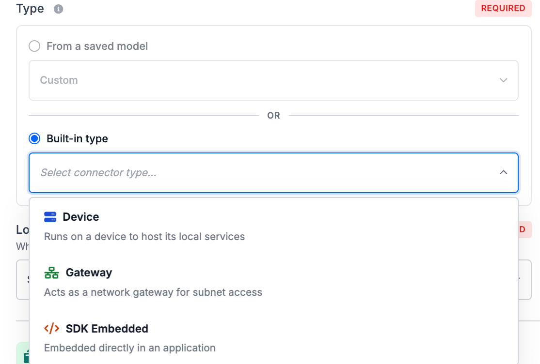 The connector Type section with Built-in type selected and the type dropdown open, showing the Device, Gateway, and SDK Embedded options with their descriptions
