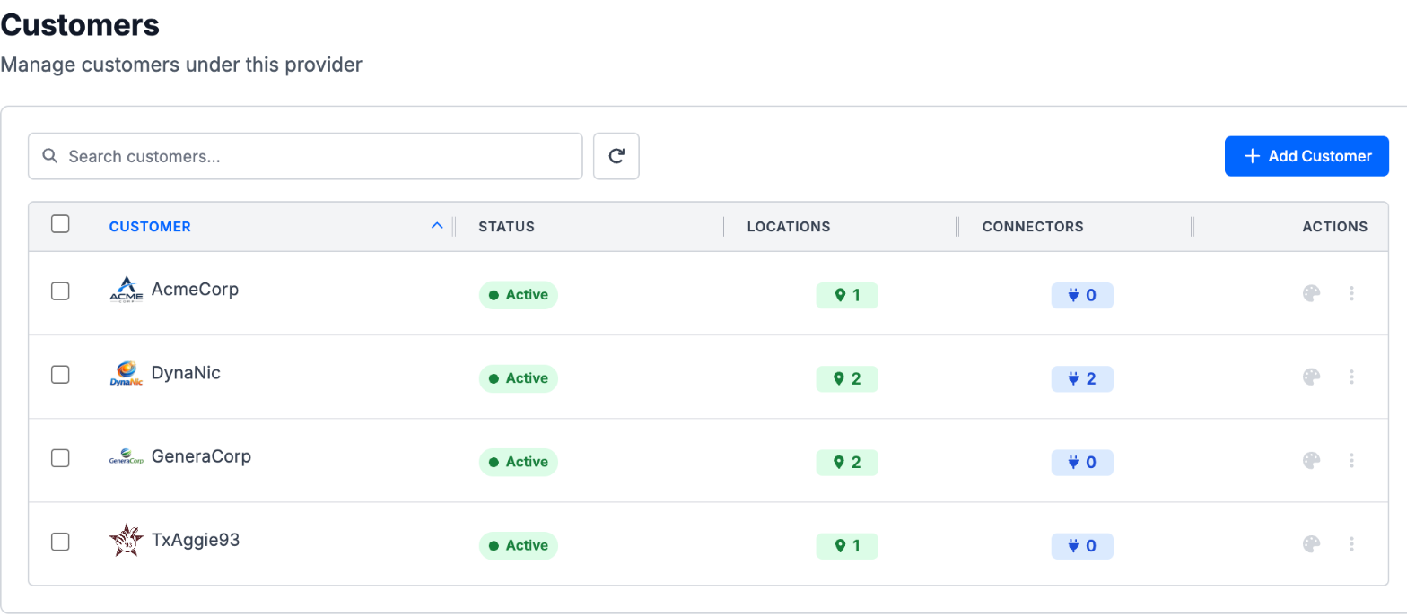 The Customers page listing customers with Status, Locations, Connectors, and Actions columns, and an Add Customer button above the table