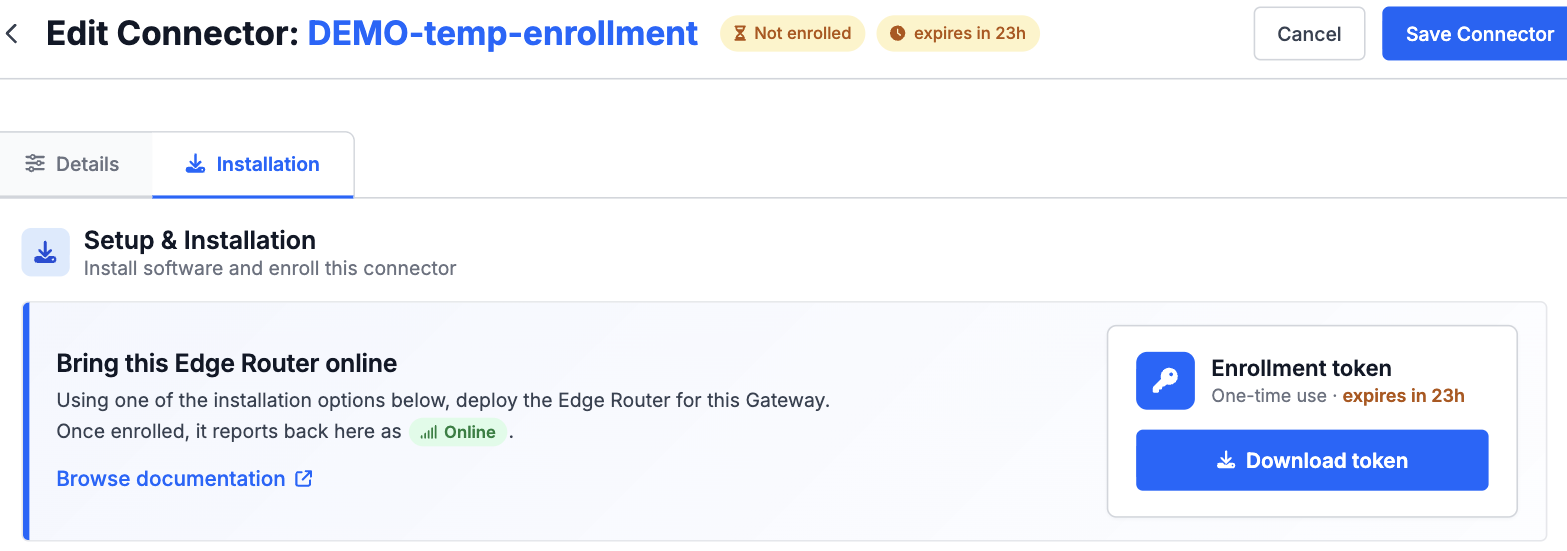 The connector's Installation tab showing a Not enrolled status and an Enrollment token panel with a Download token button