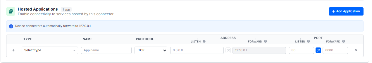 The Hosted Applications section with an application row: Type, Name, Protocol, listen/forward Address, and listen/forward Port fields, and an Add Application button