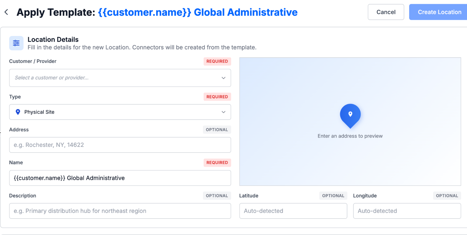 The Apply Template wizard with a Location Details form (Customer/Provider, Type, Address, Name, Description) and an address map preview