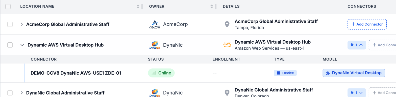 An expanded location row in the Locations list showing its nested connector with Connector, Status, Enrollment, Type, and Model columns