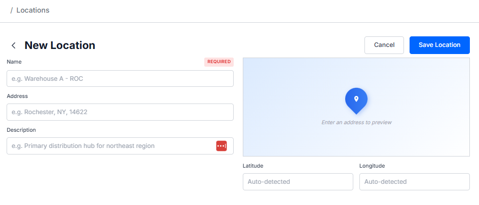 The New Location page with Name, Address, and Description fields, and a map preview that autodetects Latitude and Longitude from the address