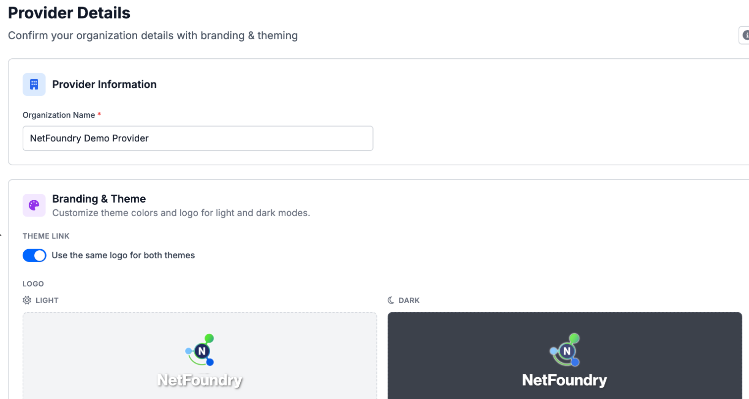 The provider setup guide's Provider Details step with an Organization Name field and a Branding &amp; Theme section showing light and dark logo previews