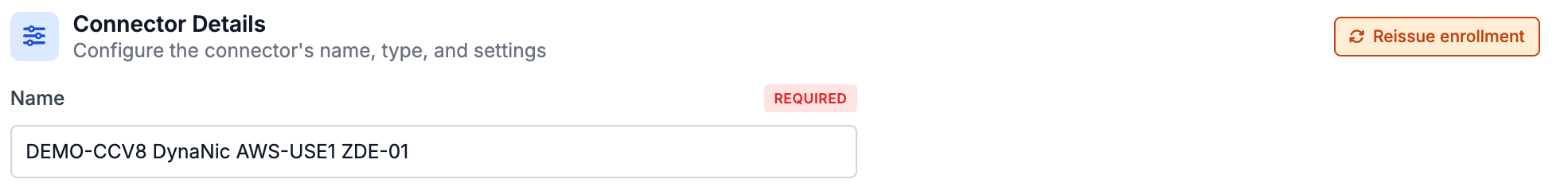 The connector edit view's Connector Details header with a Reissue enrollment button in the top right