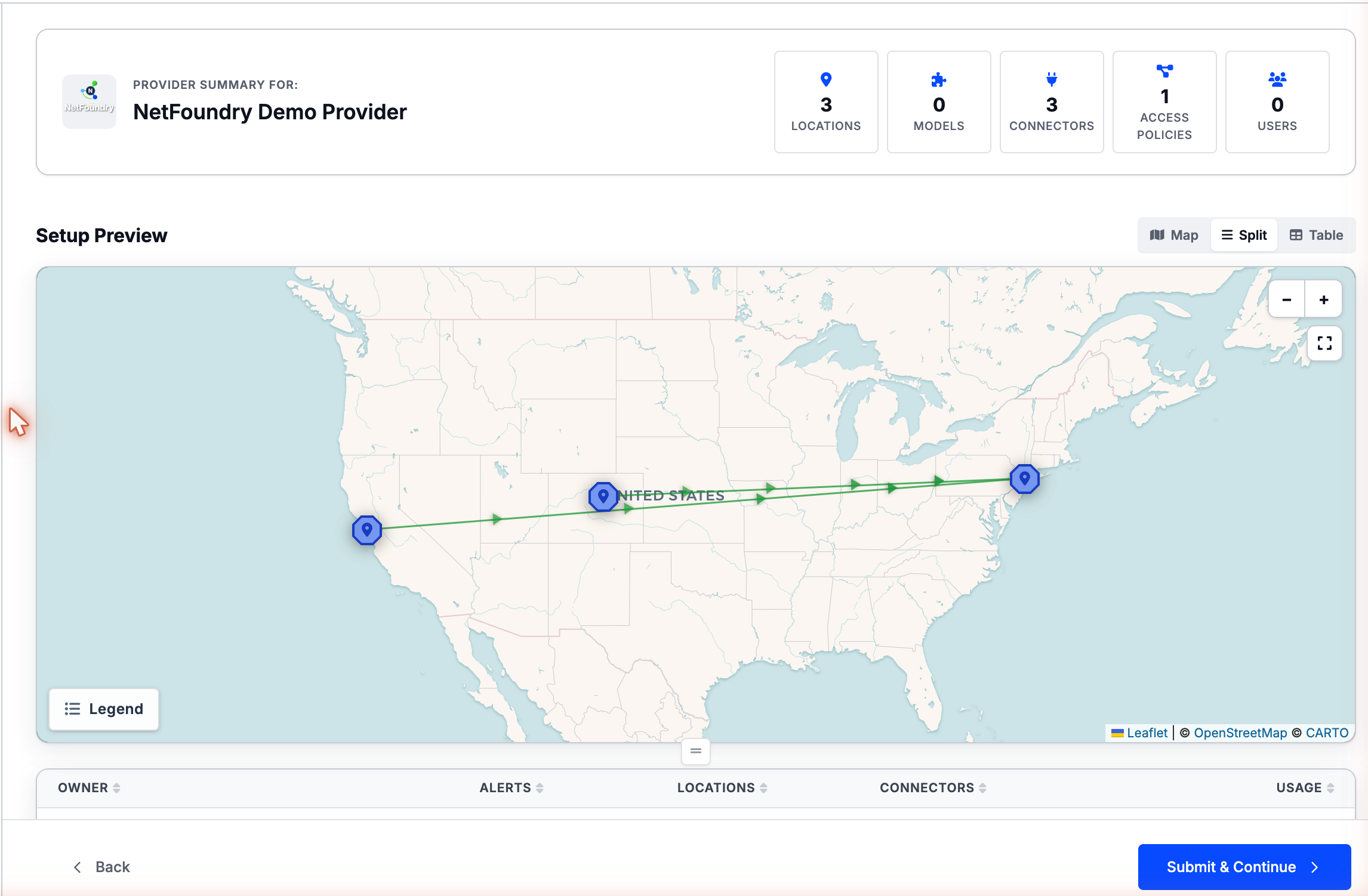 The provider setup guide's Review &amp; Submit step with a provider summary of resource counts and a Setup Preview map with Map, Split, and Table view toggles