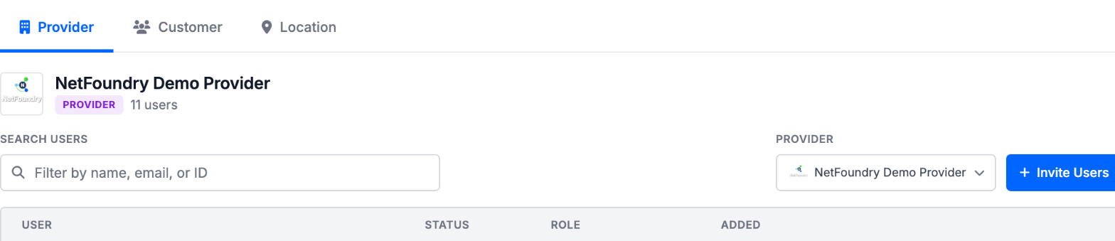 The Users page with Provider, Customer, and Location scope tabs, a user search field, a provider selector, and an Invite Users button above the user table