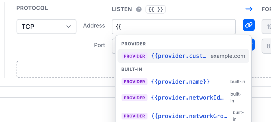 The application address field with {{ typed, showing a typeahead of variables grouped into a Provider section and a Built-in section