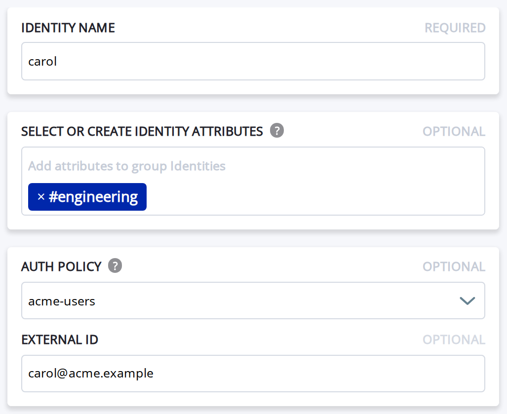 The carol identity form in ZAC: engineering attribute, acme-users auth policy, external ID carol@acme.example.