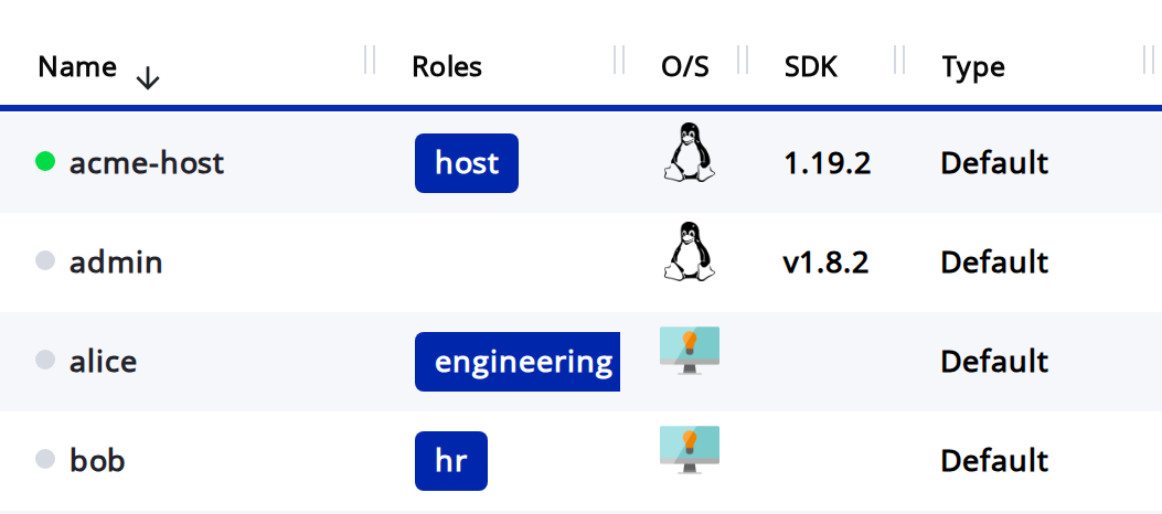 The ZAC identities list: alice with the engineering role and bob with the hr role, next to acme-host and admin.
