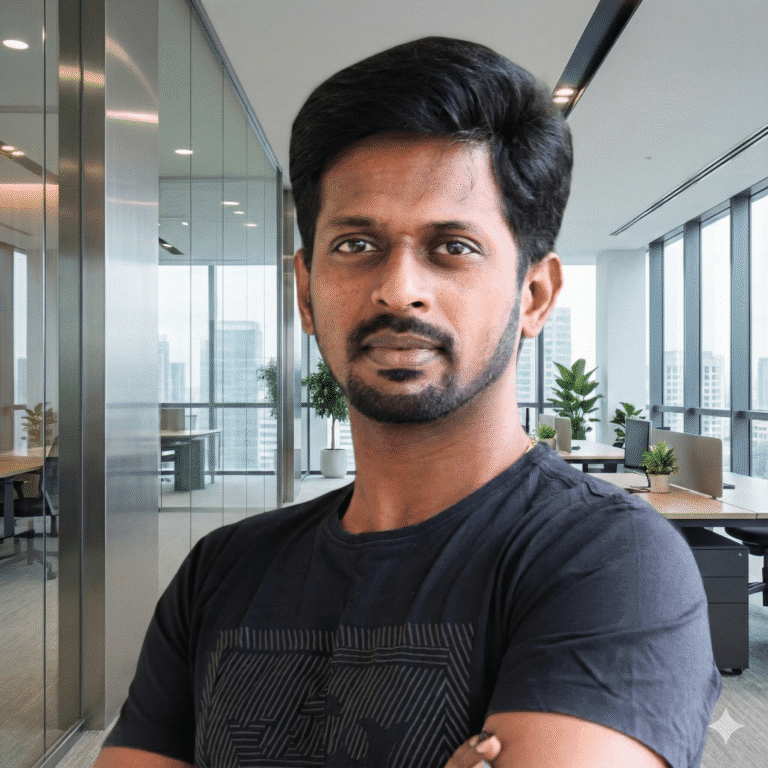 Author portrait: a young man in a black t-shirt looks intently at the camera in an office setting.