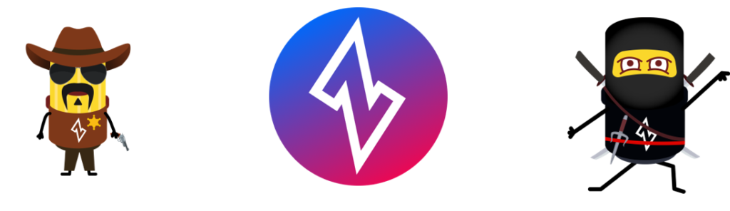 The Ziti mascot (a yellow ziti noodle) as an old west sherif and as a ninja, along with the OpenZiti logo.