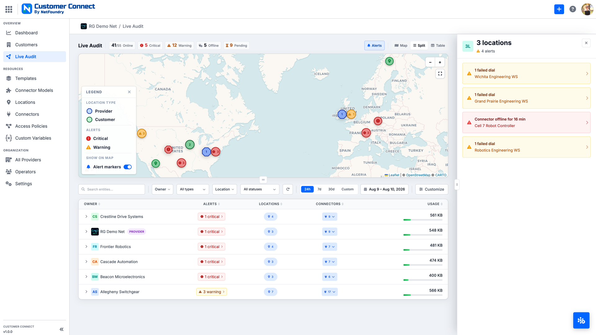 NetFoundry Customer Connect Live Audit dashboard showing global provider and customer locations with alerts
