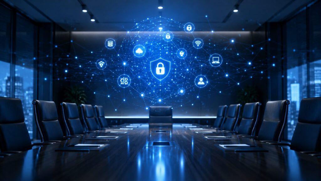 An empty board room with an abstract zero-trust secure network.