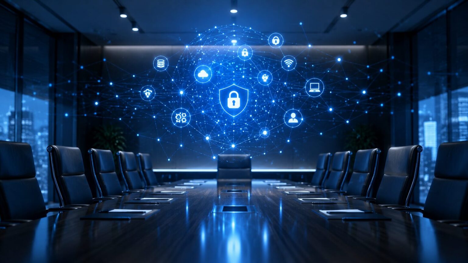 An empty board room with an abstract zero-trust secure network.