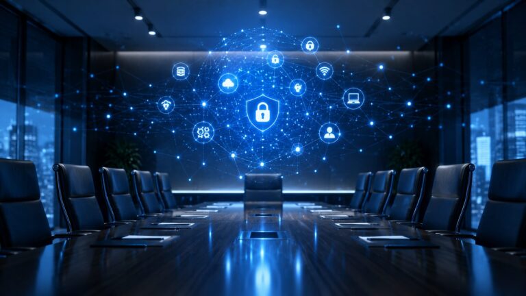 An empty board room with an abstract zero-trust secure network.