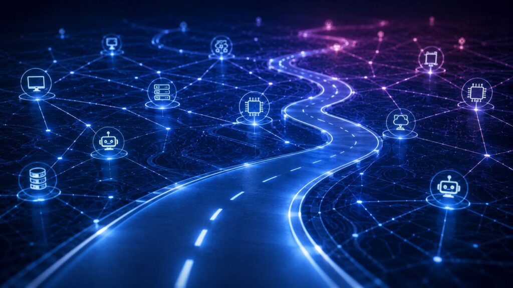 A road extends into the distance through network nodes and AI agents.