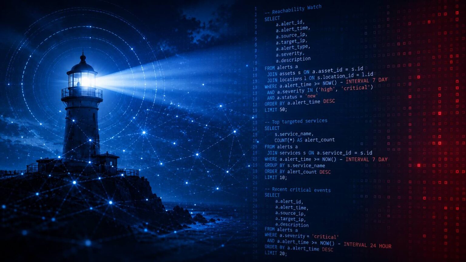 A watchman scans the horizon for malicious code from a lighthouse tower.